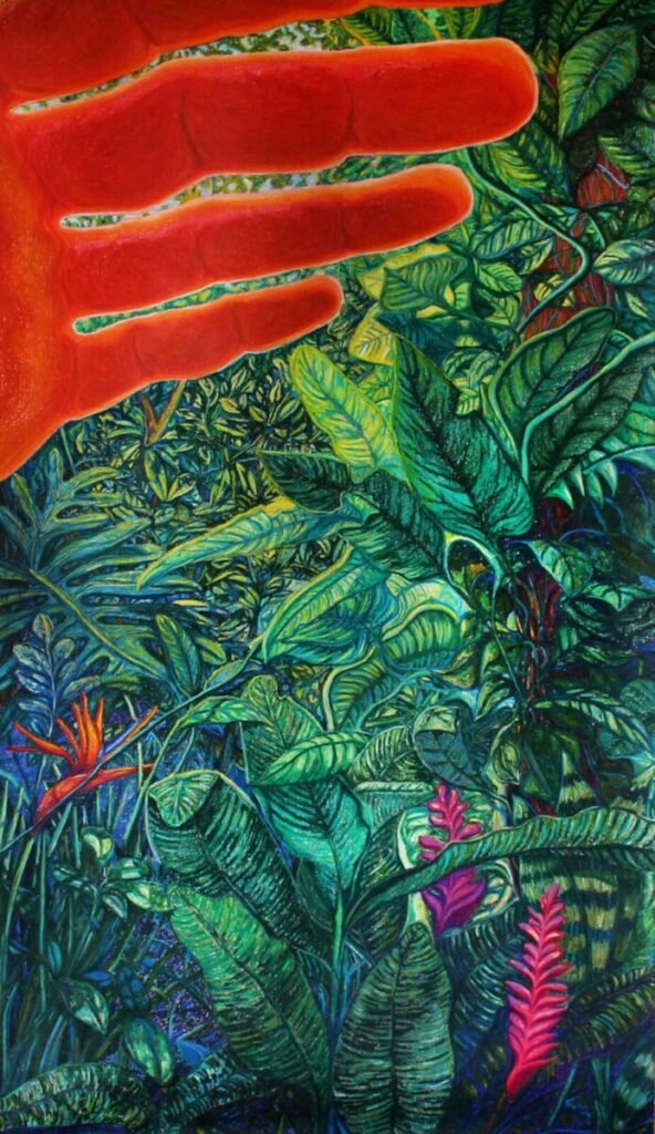 “Sunlight passes through the leaves of the trees”, 2024, oil and oil pastel on canvas, 156 x 85 cm by Marcela Siqueira Gontijo, exhibited at Domio Gallery.