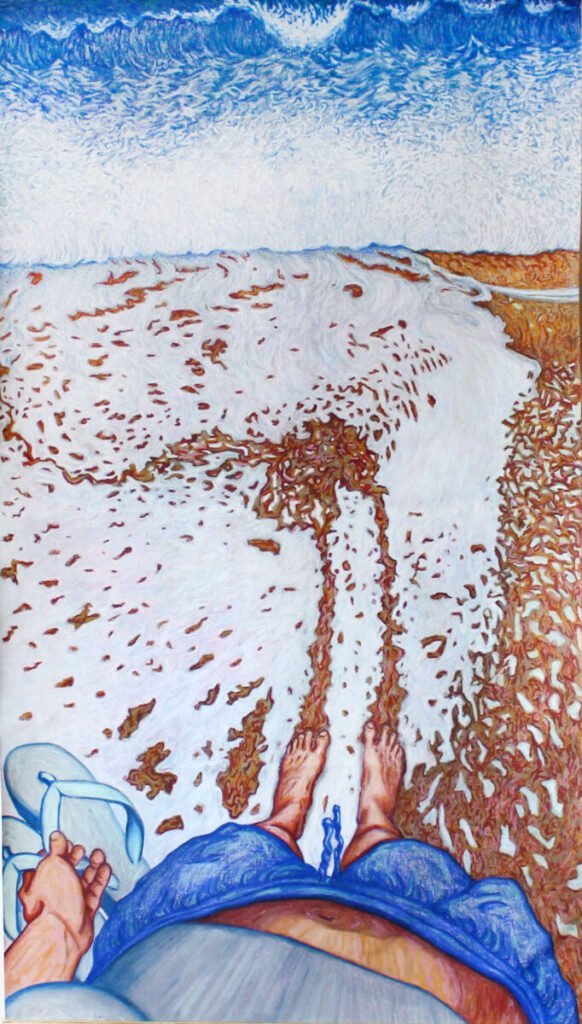 “We wet our feet in the sea waters”, 2024, oil pastel chalk on canvas, 156 x 85 cm by Marcela Siqueira Gontijo, exhibited at Domio Gallery.