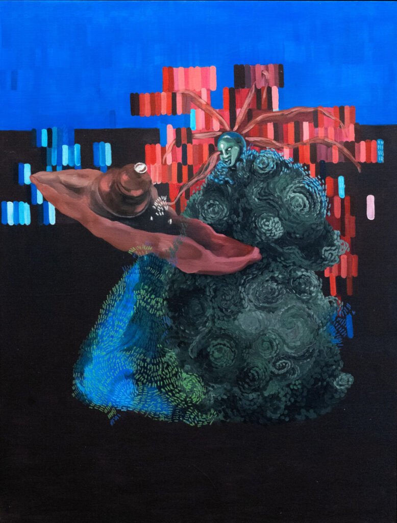 “Exu in his performance of swallowing worlds and depths”, acrylic on canvas, 68 x 111 cm by Tassila Custodes, exhibited at Domio Gallery.