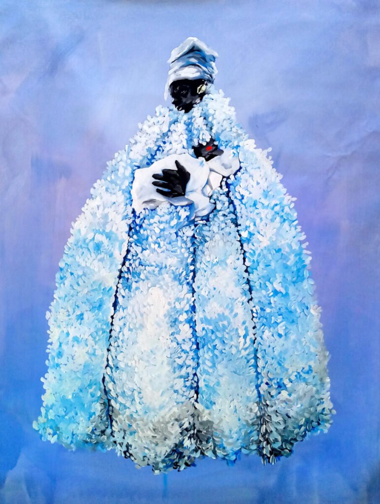 “Yemanja – The mountain”, acrylic on canvas , 92 x 133 cm by Tassila Custodes, exhibited at Domio Gallery.
