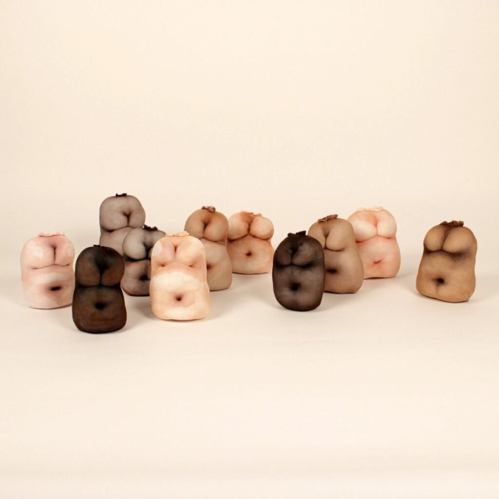 “Untitled”, 2023, fabric paint, pantyhose and silicone fiber, various dimensions by Thais Borducchi, exhibited at Domio Gallery.