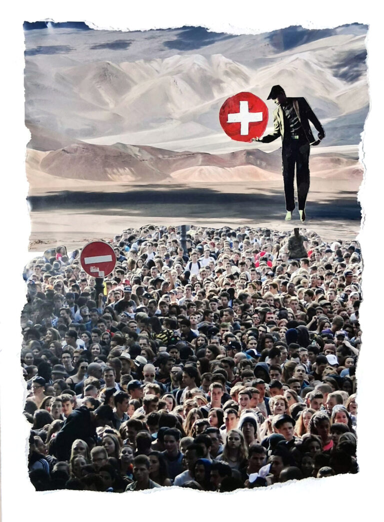 Alone is Better, Collage on cardboard, 24×32 cm by Barbara Taglioni, exhibited at Domio Gallery.