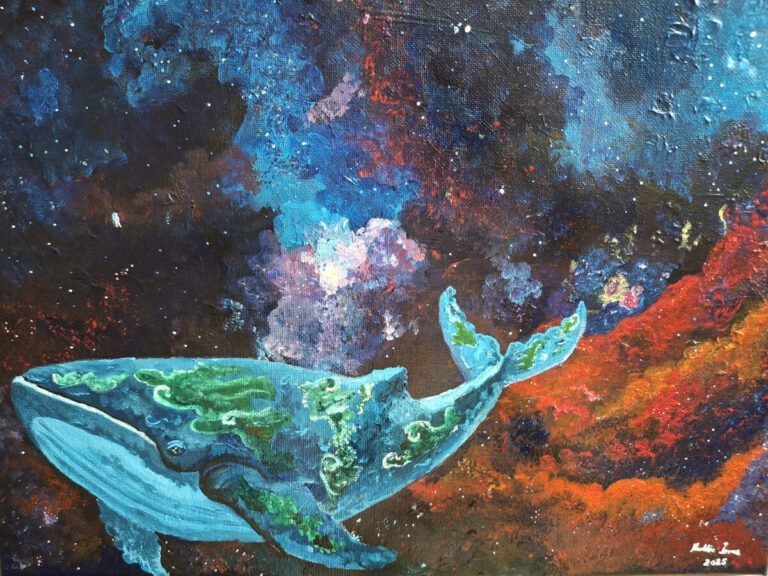 Traveler, 2025, acrylic, 40x30cm, £45 by Maddie Ionas, exhibited at Domio Gallery.