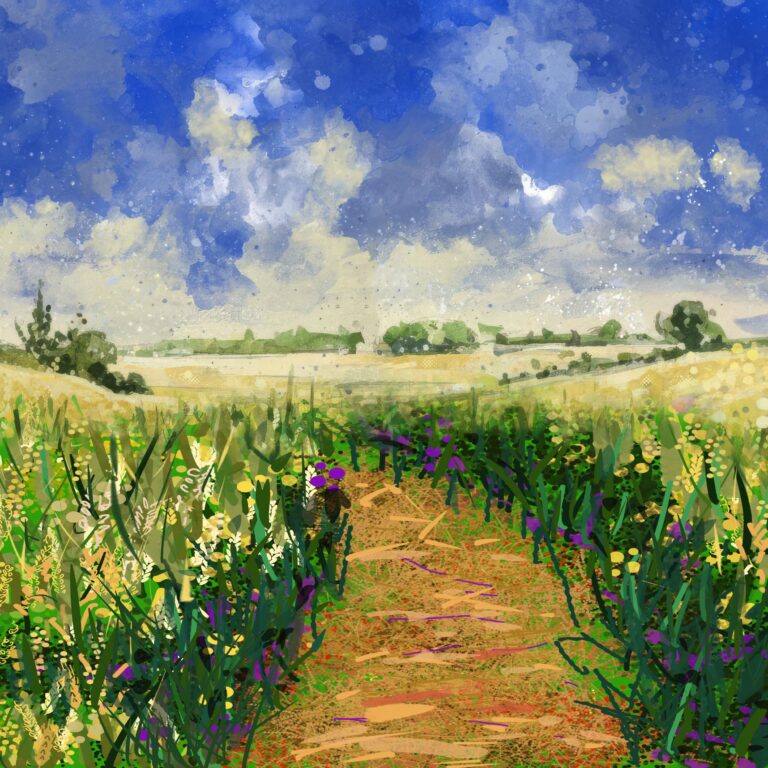 Auvers sur Oise, the path to the cornfield, 2025, Ipad painting on aluminium dibond, 80×80 cm €1500,- by Philip van den Dool, exhibited at Domio Gallery.