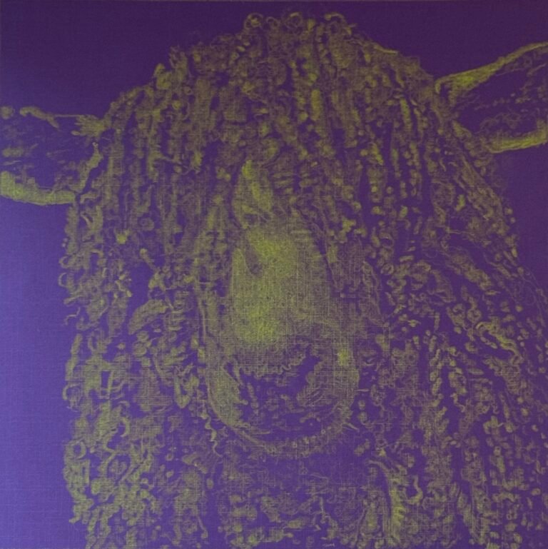 Excerpt: "Chartreuse", Colored pencil on purple paper, 12 x 12", 2026 by Lael Salaets, exhibited at Domio Gallery.