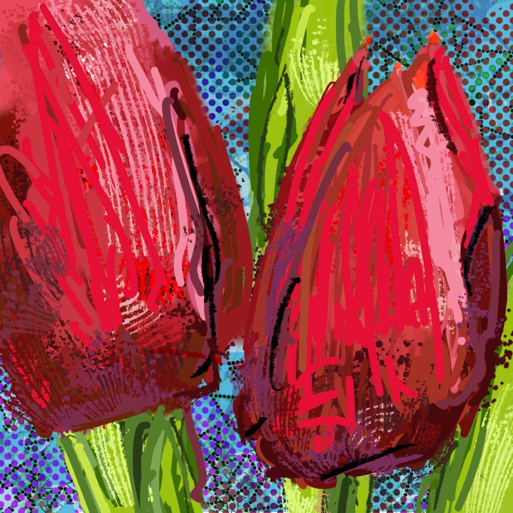 Tulips: Echoes of Spring, 2026, Ipad drawing, Aluminium dibond, 80x80 cm, € 1200 by Philip van den Dool, exhibited at Domio Gallery.