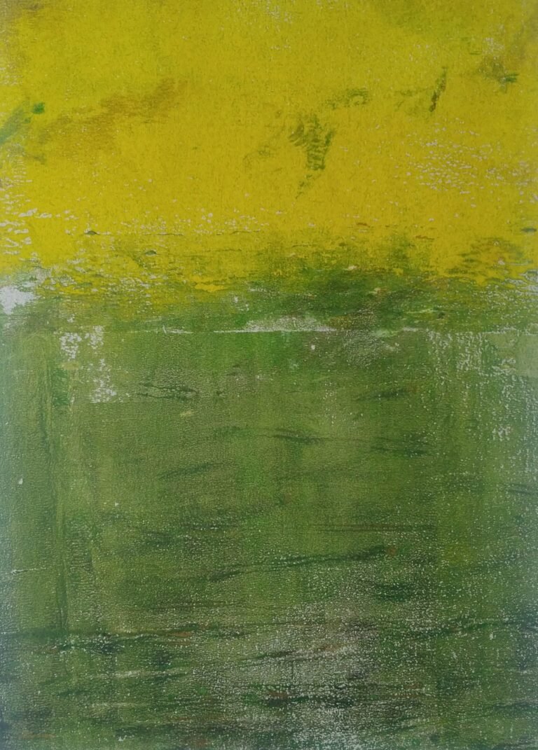 Unique acrylic monotype on grey paper 18 × 12 cm 2026 NFS by KiA Winqvist, exhibited at Domio Gallery.
