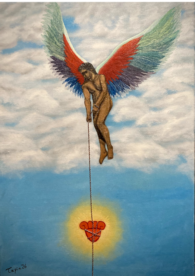 Ich trage mein Herz, 2026 , oil & steel chain on canvas, 50 × 70 cm, 1800 Euro by Jorge Humberto Tapia Perez, exhibited at Domio Gallery.