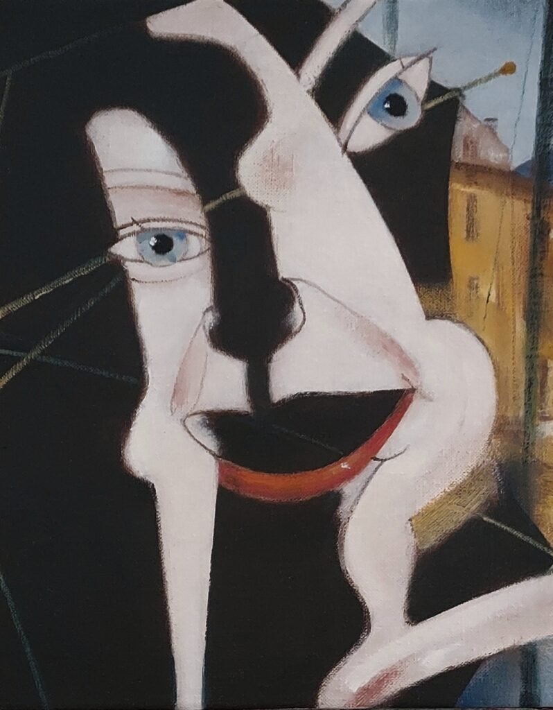 Kirsty Bushell as Juliet with umbrella, 2026, oil on canvas, 25x20cm by Tim Clarke, exhibited at Domio Gallery.